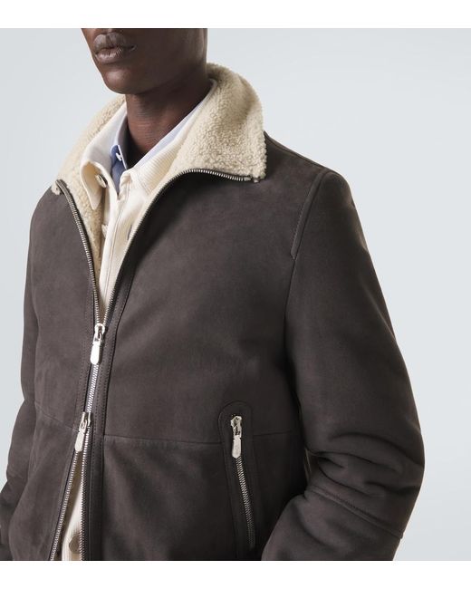 Brunello Cucinelli Gray Cashmere-Trimmed Shearling Blouson Jacket for men
