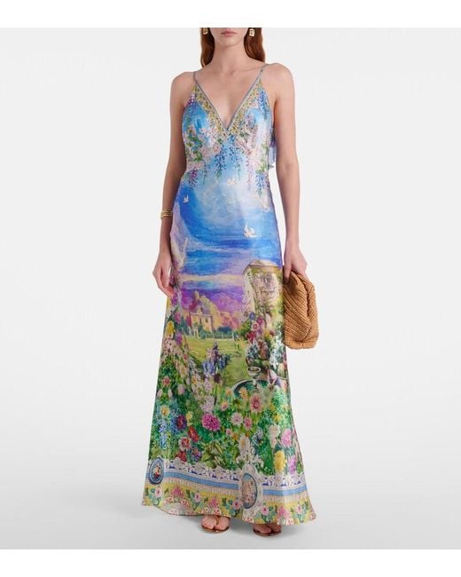 Camilla Blue Printed Silk Slip Dress