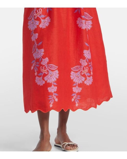 Vestido Midi Porcelain Garden De Lino Floral Farm Rio de color Red