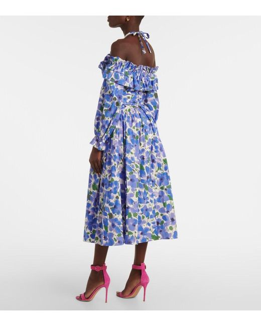 Carolina Herrera Blue Floral Cotton-Blend Midi Skirt