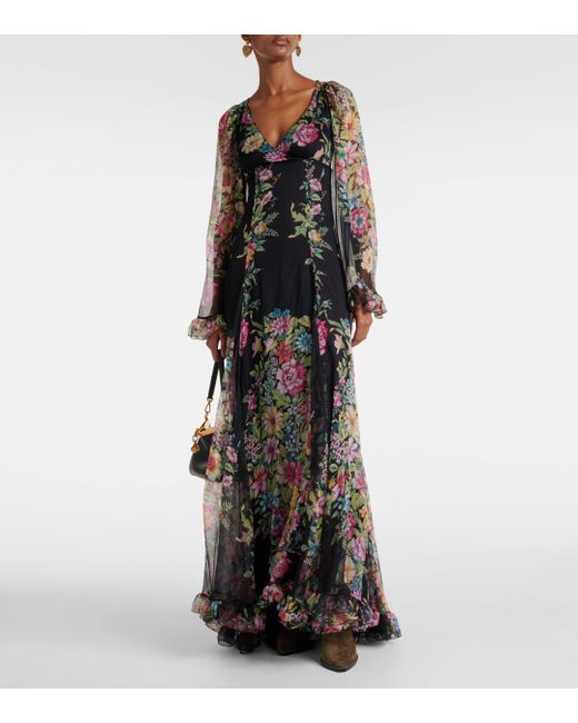 Etro Black Floral Silk Chiffon Gown