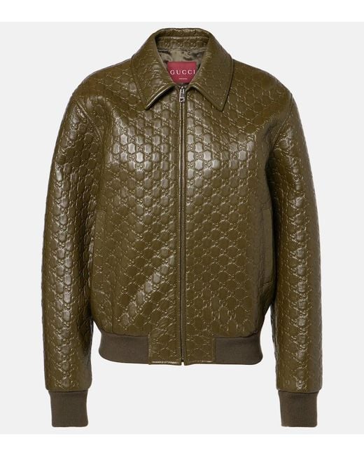 Gucci Green Monogram Two-Welt-Pockets Relaxed-Fit Leather Jacket