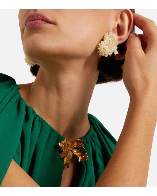 Oscar de la Renta White Pompom Beaded Clip-On Earrings
