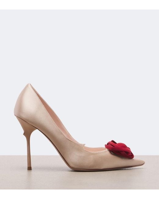 Roger Vivier Pink Rose Vivier Floral-Applique Satin Pumps