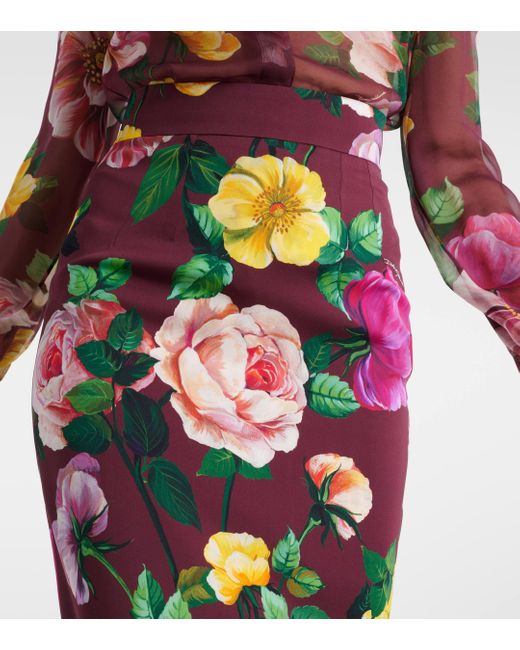 Dolce & Gabbana Green Floral Silk-blend Charmeuse Midi Skirt