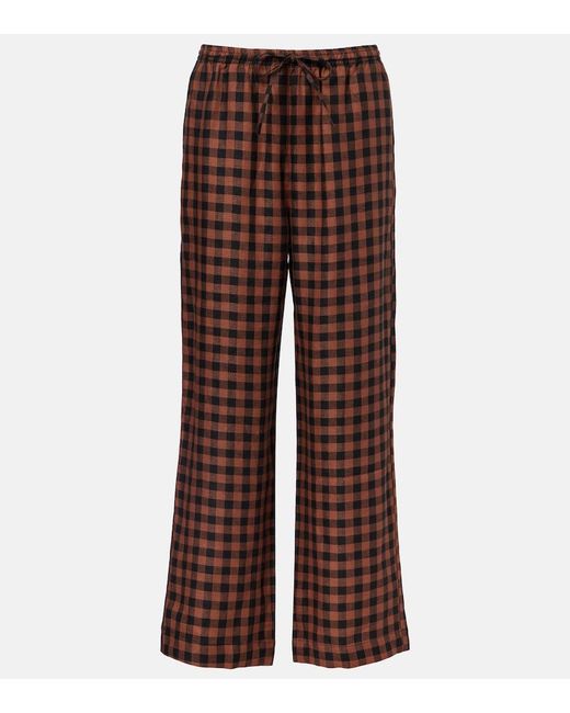Asceno Brown Checked Linen Wide-Leg Pants