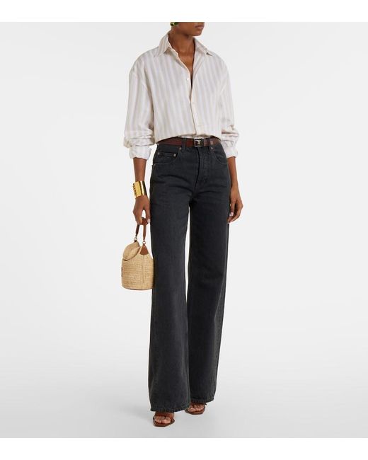 Saint Laurent White Gaby Leather-Trimmed Raffia Bucket Bag