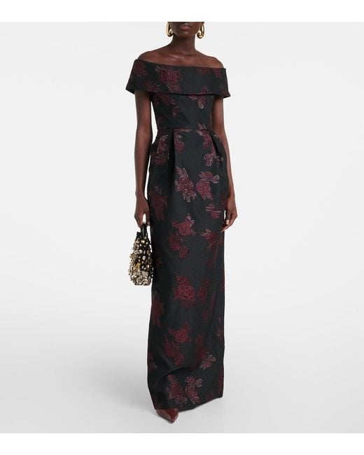 Rebecca Vallance Black Florentina Off-Shoulder Floral Gown
