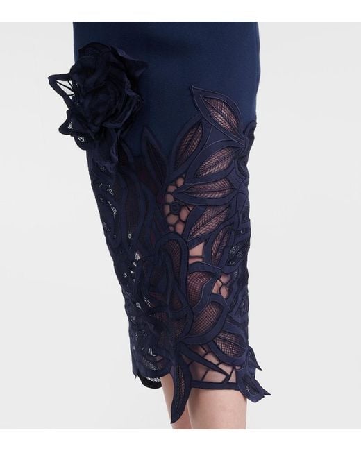 Oscar de la Renta Blue Floral-Applique Lace Midi Dress