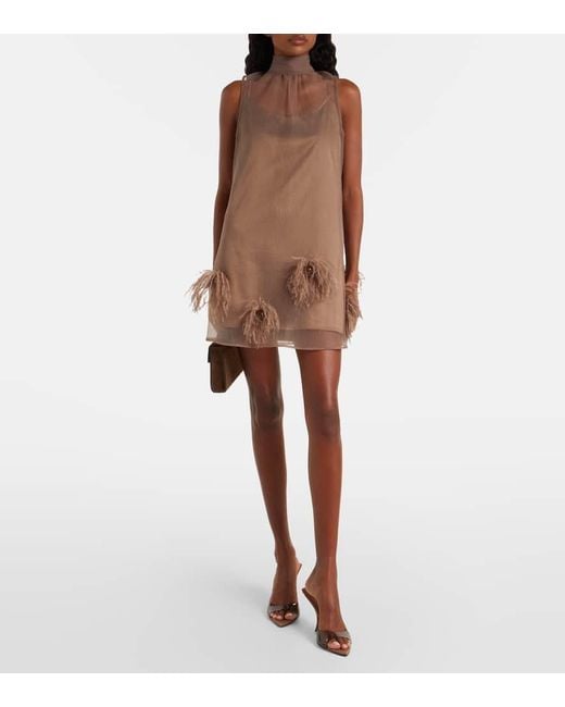 Staud Brown Albee Feather-Trimmed Minidress