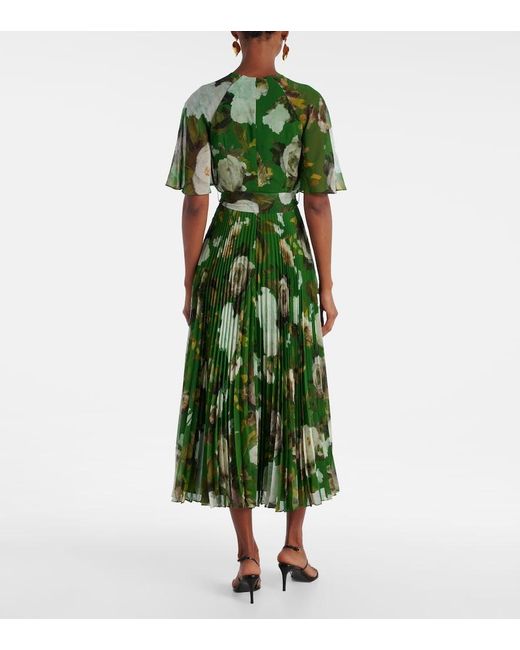 Erdem Green Floral-Print Short Sleeve Stretch-Cady Midi Dress