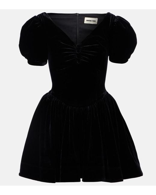 ShuShu/Tong Black Puff-Sleeve Velvet Minidress