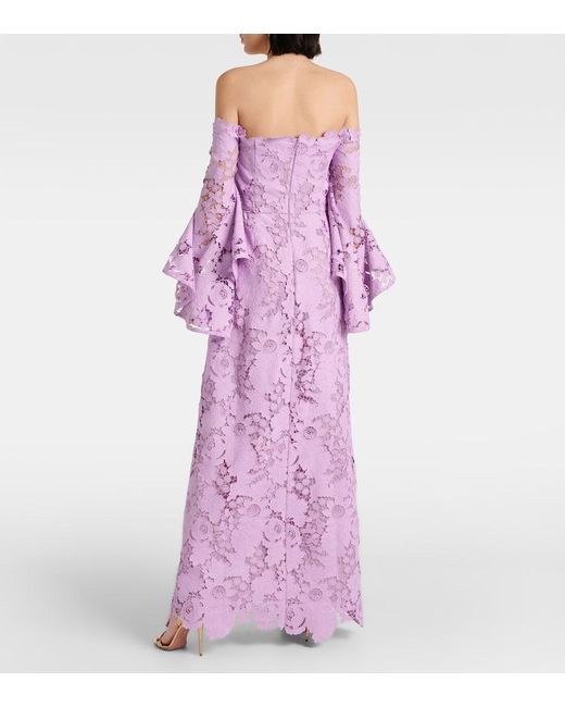 Oscar de la Renta Purple Floral Off-shoulder Lace Gown