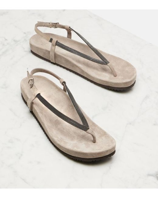 Brunello Cucinelli Gray Monili Suede Thong Sandals