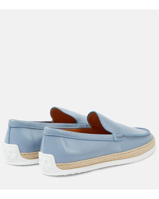 Tod's Blue Raffia-trimmed Leather Loafers