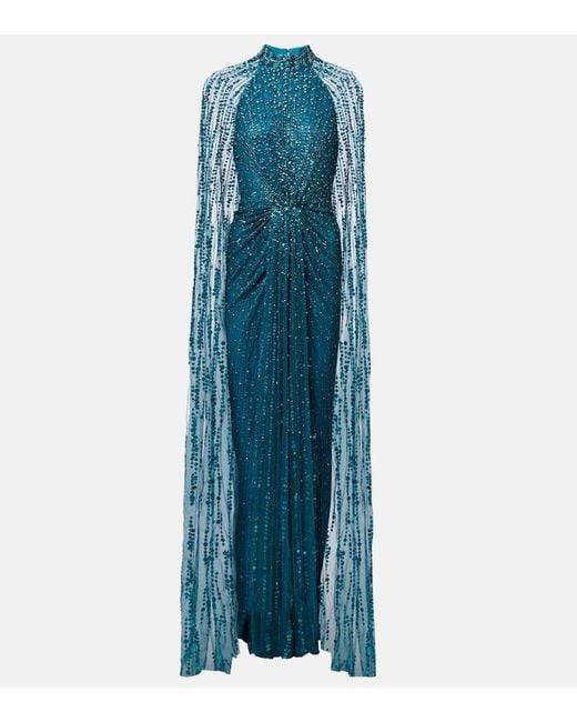 Jenny Packham Blue Cairo Sequined Caped Gown
