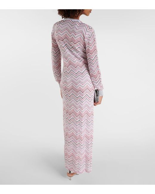 Vestido largo de punto metalizado en zigzag Missoni de color Pink