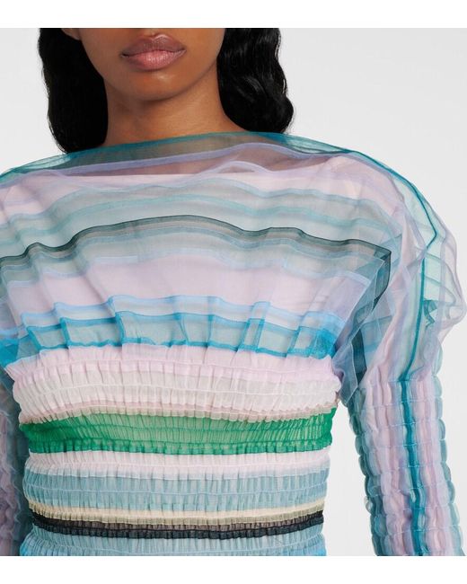 SUSAN FANG Blue Striped Sheer Midi Dress