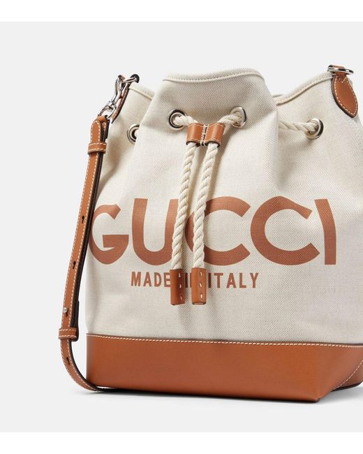 Gucci White Logo Leather-trimmed Canvas Bucket Bag