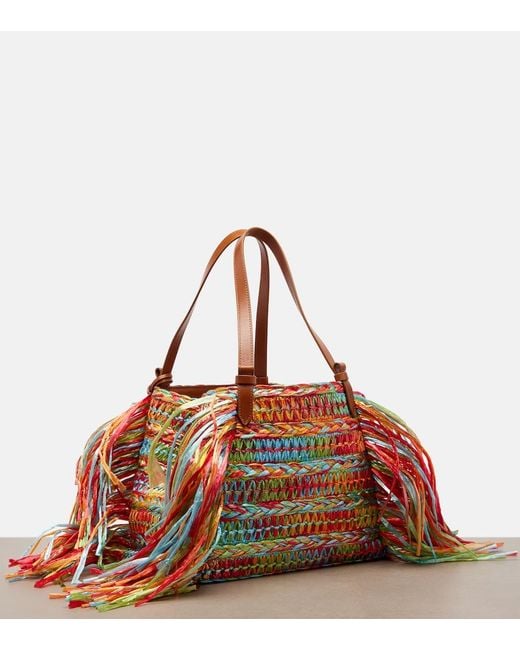 Aquazzura Red Trancoso Fringed Raffia Tote Bag