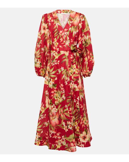 Zimmermann Red Lexi Floral Linen Wrap Dress