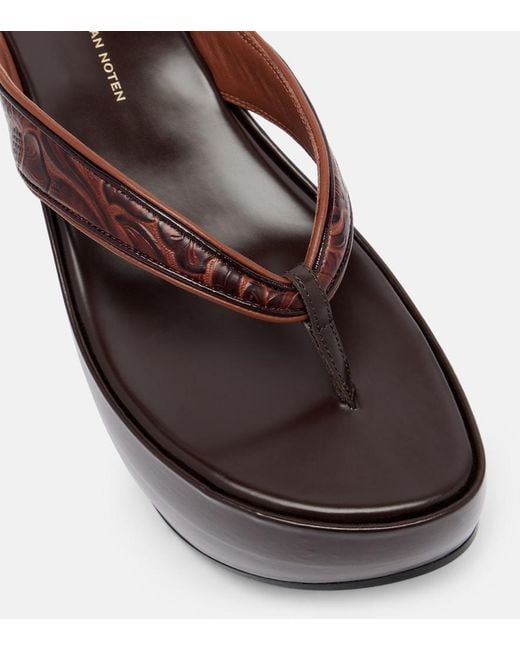 Dries Van Noten Brown Embossed Leather Thong Sandals