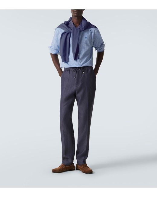 Etro Blue Linen Slim Pants for men