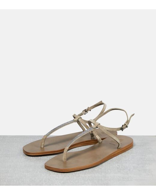 Brunello Cucinelli Metallic Embellished Suede Thong Sandals
