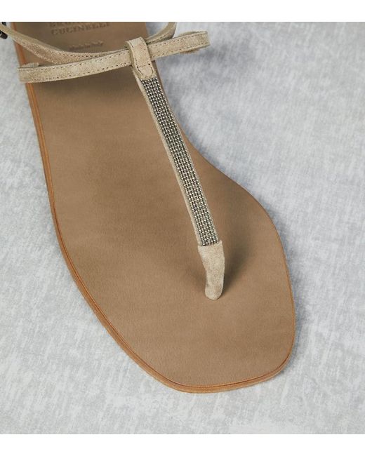 Brunello Cucinelli Metallic Embellished Suede Thong Sandals