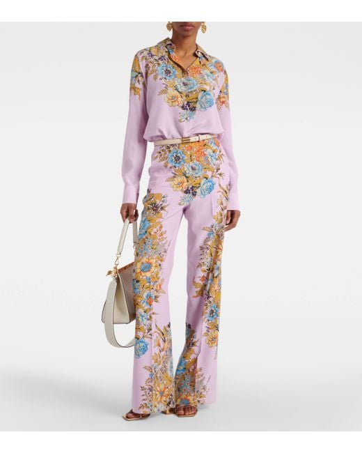 Etro Red Floral High-rise Silk Wide-leg Pants