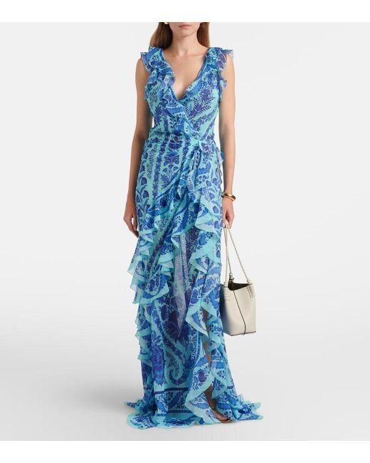 Etro Blue Floral Ruffled Gown