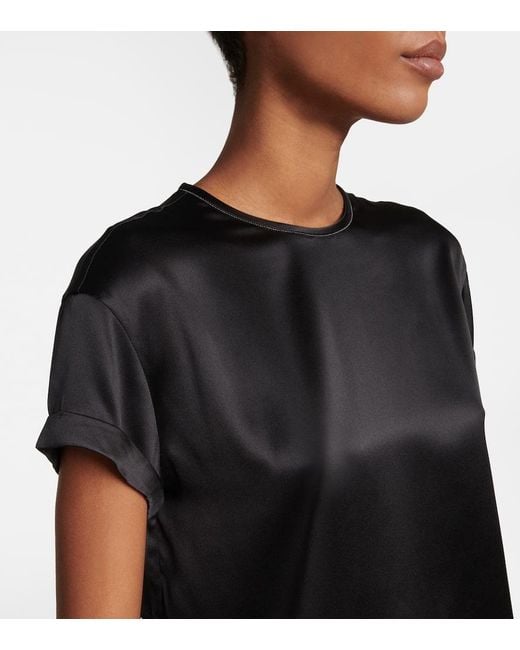 Brunello Cucinelli Black Embellished Silk-Blend Satin T-Shirt