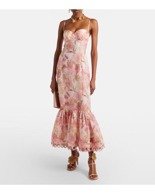 Zimmermann Pink Como Floral Linen And Silk Midi Dress