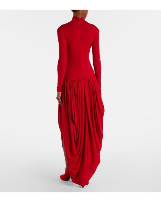 Magda Butrym Red Asymmetric Pleated Turtleneck Maxi Dress
