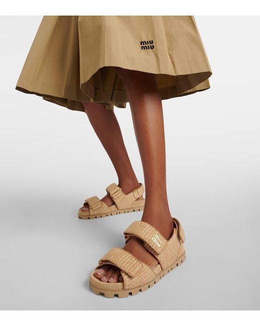 Miu Miu Logo Leather-Trimmed Raffia Sandals in Metallic