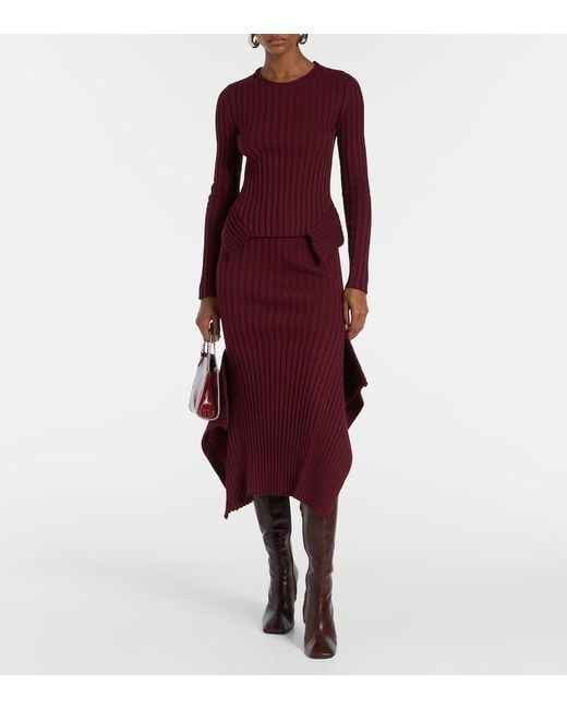 Stella McCartney Red Asymmetric Ribbed-Knit Midi Skirt