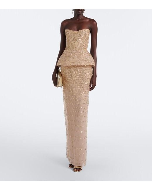 Monique Lhuillier Natural Embellished Peplum Bustier Gown
