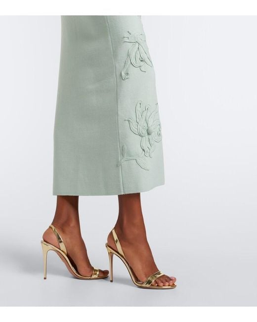 Oscar de la Renta Green Floral Applique Wool-Blend Midi Dress