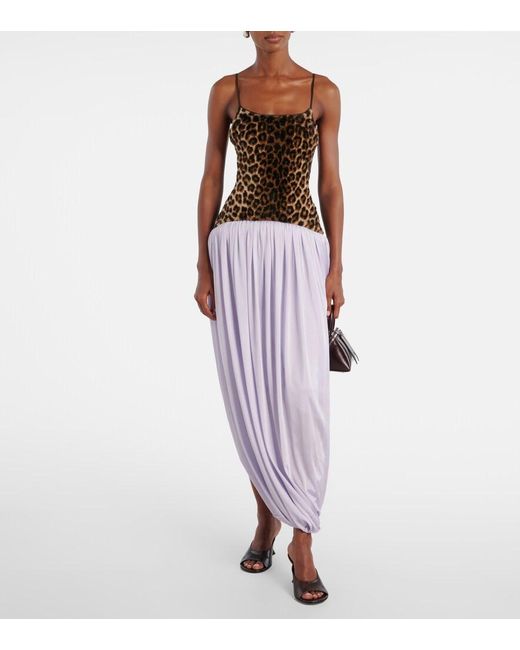 JACQUES WEI Purple Leopard-Print Draped Maxi Dress