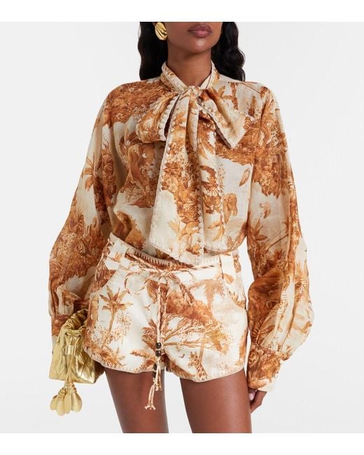 Zimmermann Brown Indra Printed Tie-Neck Ramie Blouse