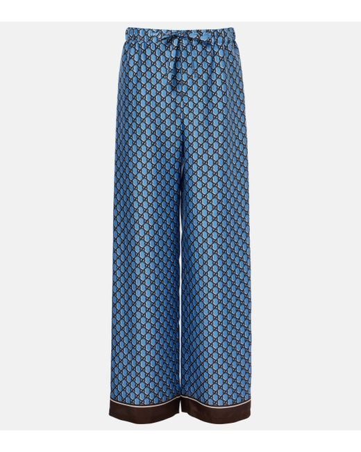 Gucci Gg Silk Twill Wide Leg Pants in Blue Lyst UK