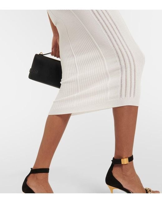 Balmain White Strickte Midi Kleid in sieben