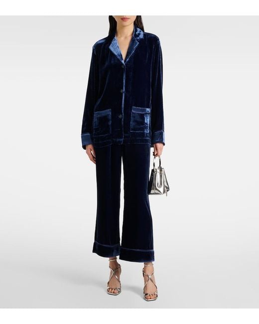 Asceno Blue Brescia Mid-Rise Velvet Wide-Leg Pants