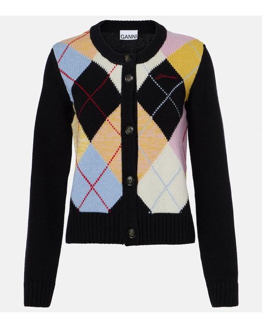 Ganni Blue Harlequin Argyle Wool-Blend Cardigan