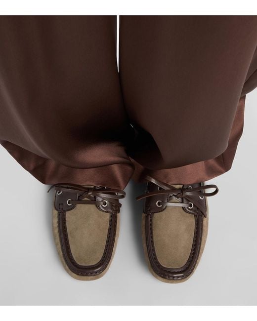 Brunello Cucinelli Brown Monili Leather-Trimmed Suede Boat Shoes
