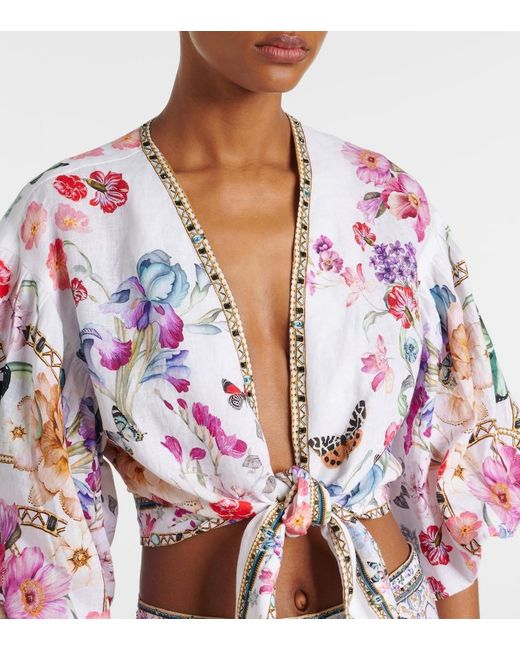Camilla Red Floral Linen Crop Top