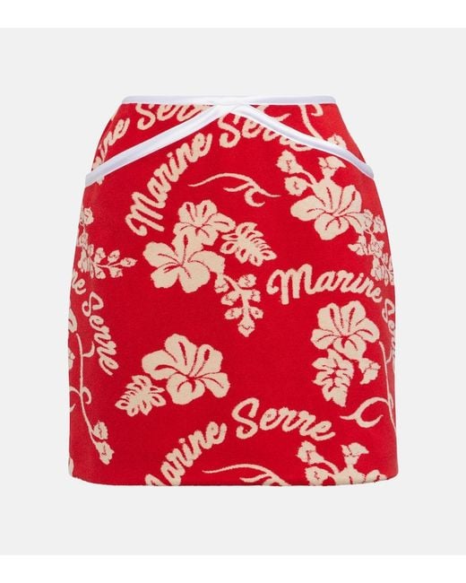 MARINE SERRE Red Leather-Trimmed Jacquard Miniskirt