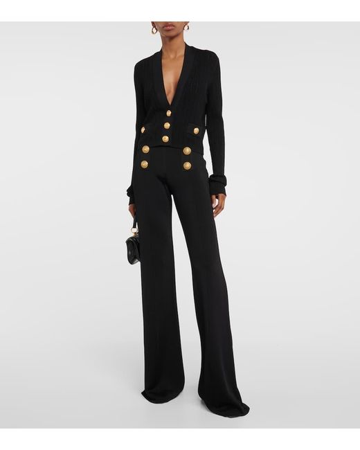 Pantalones Flared En Punto De Tiro Alto Balmain de color Black