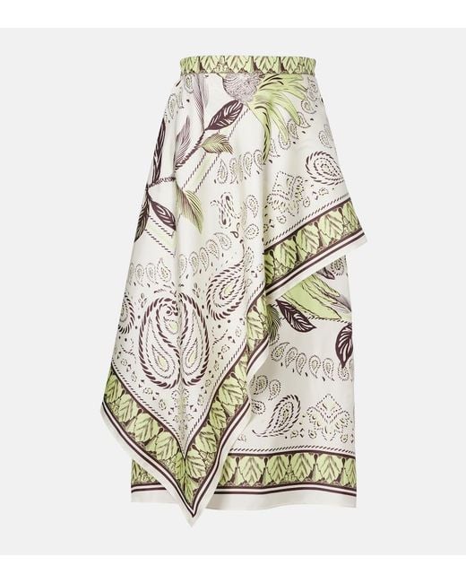 Tory Burch White Printed Silk Satin Midi Skirt