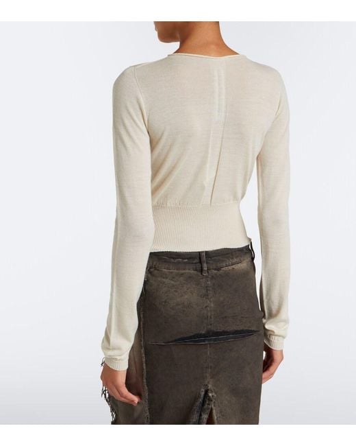 Rick Owens White Slashed Cut-Out Cropped Virgin Wool Sweater